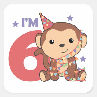 Affe Sechster Geburtstag Kinder 6 Jahre alt Platz Quadratischer Aufkleber