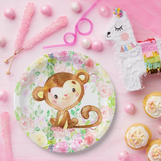 Affe und Blume Mädchen Dusche Papier Teller. Pappteller (Party)