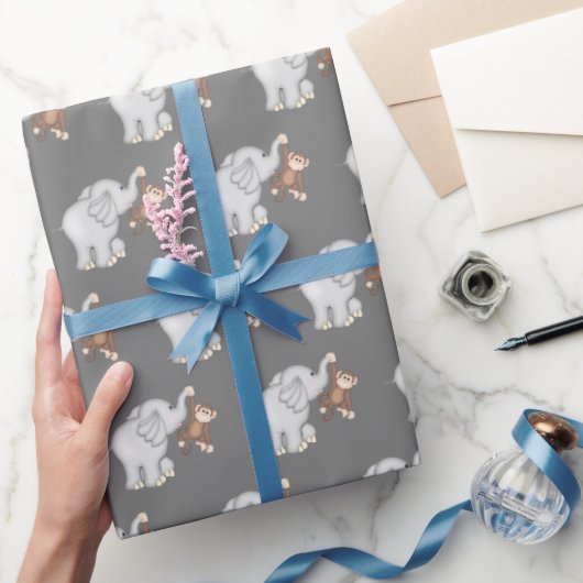 Affe und Elefant auf Grau Geschenkpapier (Schenken)