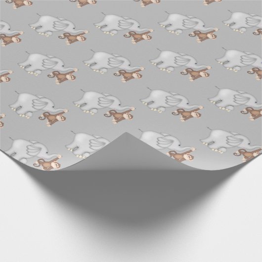 Affe und Elefant auf Grau Geschenkpapier (Ecke)