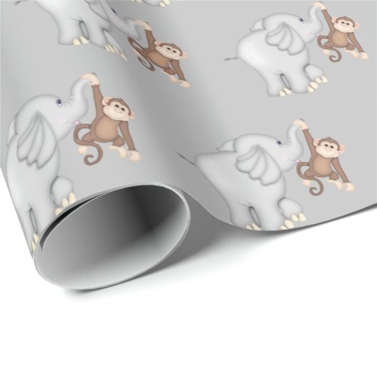 Affe und Elefant auf Grau Geschenkpapier (Rolleneckpunkt)