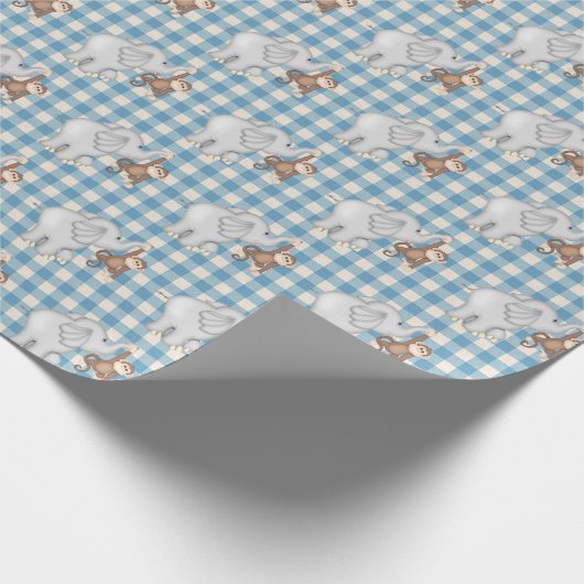 Affe und Elefant über Gingham Geschenkpapier (Ecke)