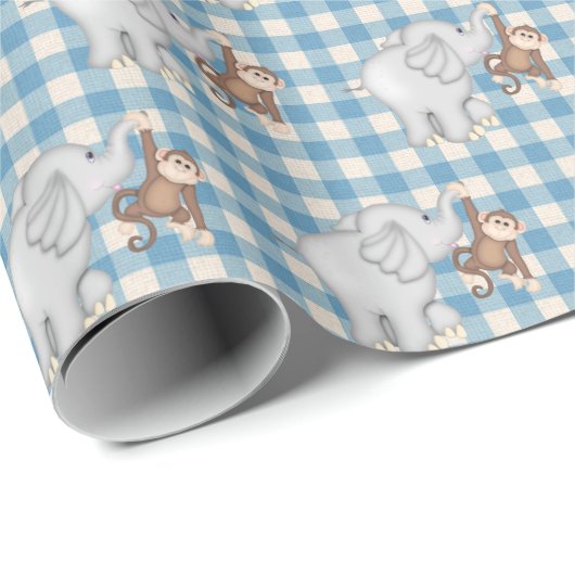Affe und Elefant über Gingham Geschenkpapier (Rolleneckpunkt)