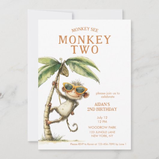 Affe zwei zweite Geburtstag Einladung (Vorderseite)