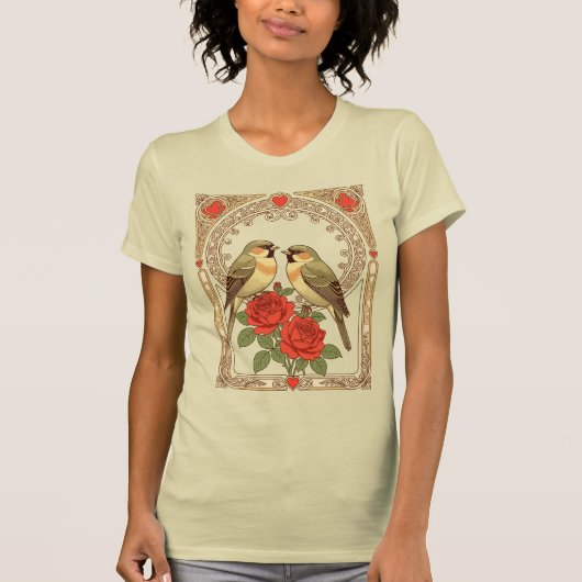 Affectionate Birds and Red Roses Art Nouveau T-Shirt (Vorderseite)