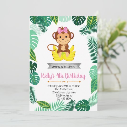 Affemädchen-Party Einladung (Stehend Vorderseite)