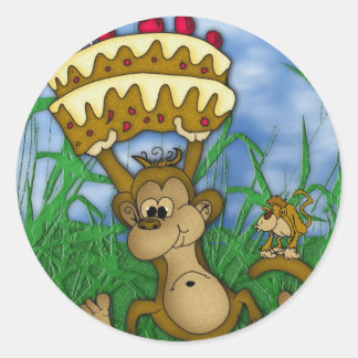 Affenaufkleber Happy Birthday mit Affenhaltung Runder Aufkleber