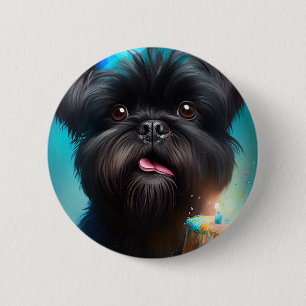 Affenpinscher feiert Geburtstag Luftballons Kuchen Button