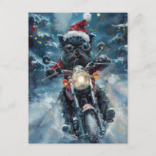 Affenpinscher-Hund fährt Motorrad Weihnachten Einladungspostkarte