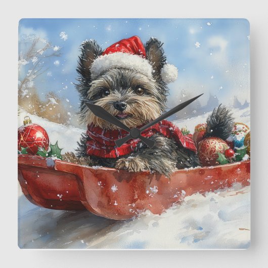 Affenpinscher Hund in Sledge Let it Snow Christmas Quadratische Wanduhr (Vorderseite)