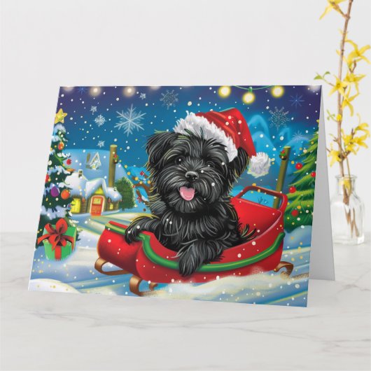 Affenpinscher in Sleigh Snow Weihnachten Karte (Gelbe Blume)