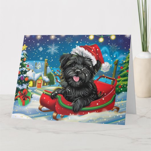 Affenpinscher in Sleigh Snow Weihnachten Karte (Vorderseite)
