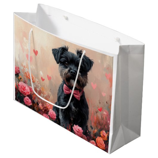 Affenpinscher mit Rose - Valentinstag Große Geschenktüte (Vorderseite Schrägansicht)