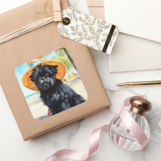 Affenpinscher on Beach, Sommergeschenk für Hundefr Quadratischer Aufkleber (Schenken)
