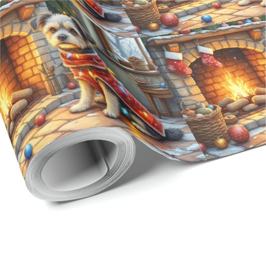 Affenpinscher Sitting Fireplace Christmas Lights Geschenkpapier (Rolleneckpunkt)
