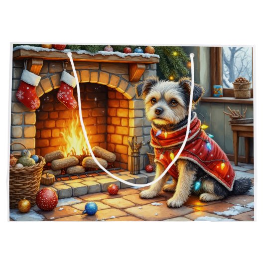 Affenpinscher Sitting Fireplace Christmas Lights Große Geschenktüte (Rückseite)