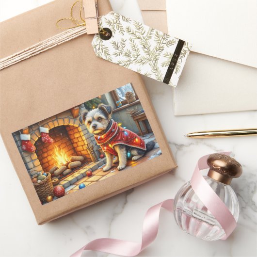 Affenpinscher Sitting Fireplace Christmas Lights Rechteckiger Aufkleber (Schenken)