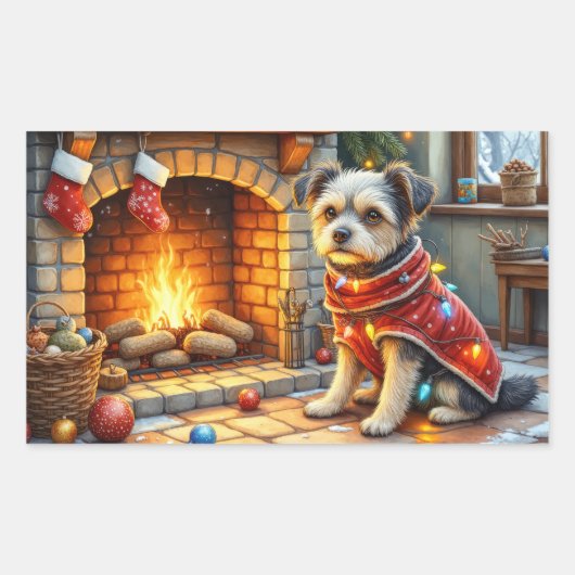 Affenpinscher Sitting Fireplace Christmas Lights Rechteckiger Aufkleber (Vorderseite)