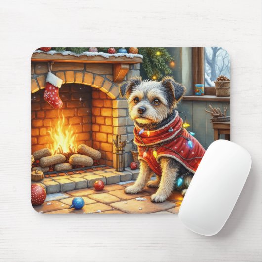 Affenpinscher sitzt vor dem Kamin mit Weihnachtsbe Mousepad (Mit Mouse)