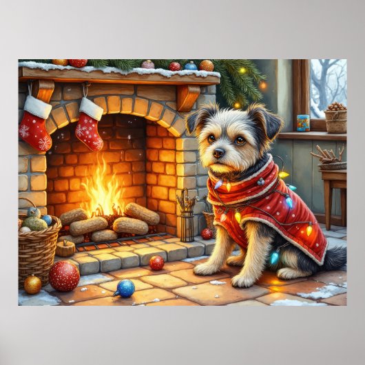 Affenpinscher sitzt vor dem Kamin mit Weihnachtsbe Poster (Vorne)