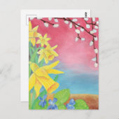 Affodien, Salix caprea und süße Veilchen Postkarte (Vorne/Hinten)