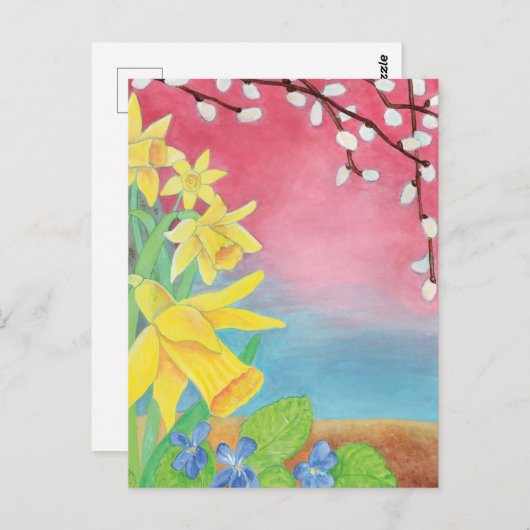 Affodien, Salix caprea und süße Veilchen Postkarte (Vorne/Hinten)