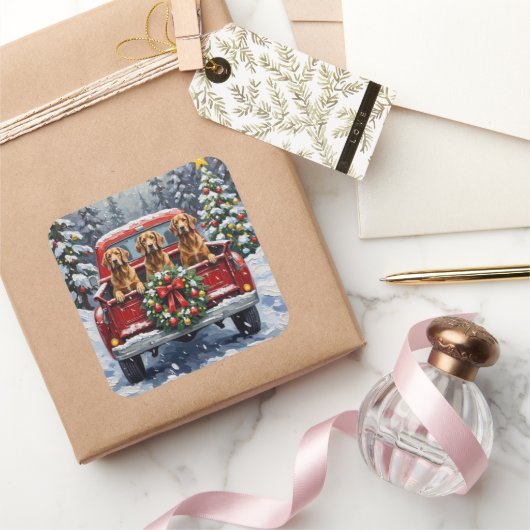 Afghan Hound Christmas Red Truck Holiday Quadratischer Aufkleber (Schenken)