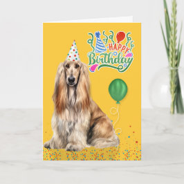 Afghan Hound Dog in a Party Hat on Yellow Birthday Karte