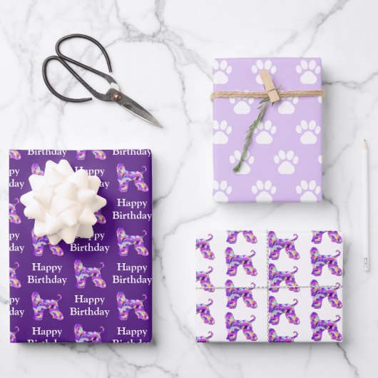 Afghan Hound Hund Silhouette Lila Happy Birthday Geschenkpapier Set (Vorderseite)