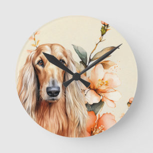Afghan Hound Hund und Pfirsichlilien Runde Wanduhr