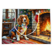 Afghan Hound Kamin mit Weihnachtslichtern Große Geschenktüte (Vorderseite)