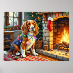 Afghan Hound Kamin mit Weihnachtslichtern Poster