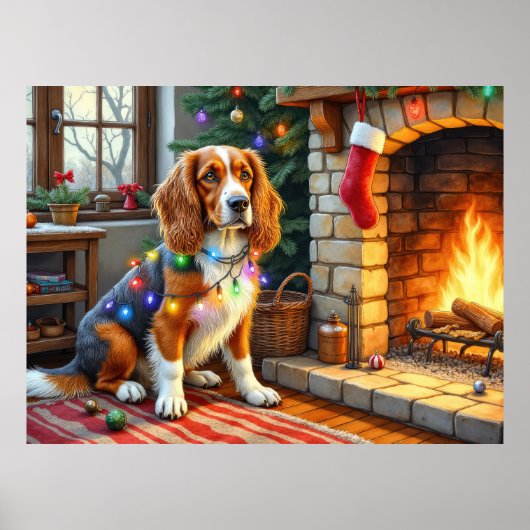 Afghan Hound Kamin mit Weihnachtslichtern Poster (Vorne)