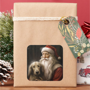 Afghan Hound mit Santa Claus Festive Weihnachten Quadratischer Aufkleber