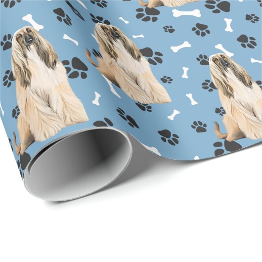 Afghan Hound Paw Print Pattern auf blau Geschenkpapier (Rolleneckpunkt)