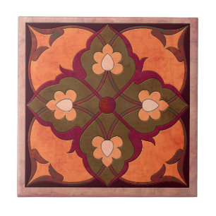 Afghani Muster in Korallen, Magenta und Oliven grü Fliese