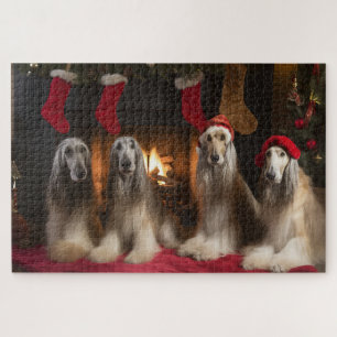 Afghanischer Windhund am Kamin Weihnachten Puzzle