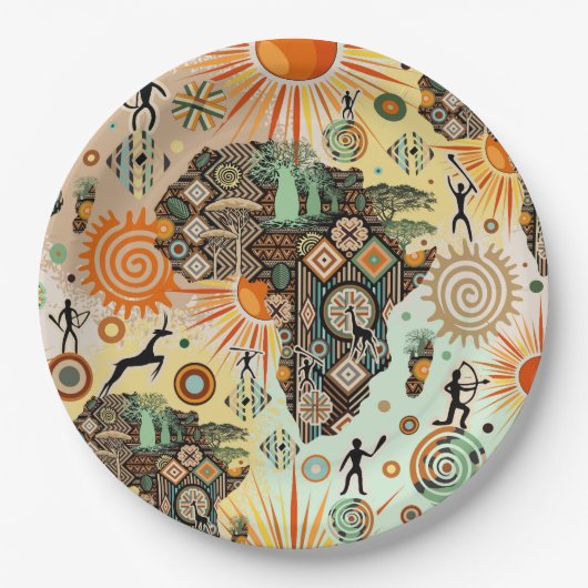 Africa Map Decorative Tribal Elements Pattern Pappteller (Vorderseite)