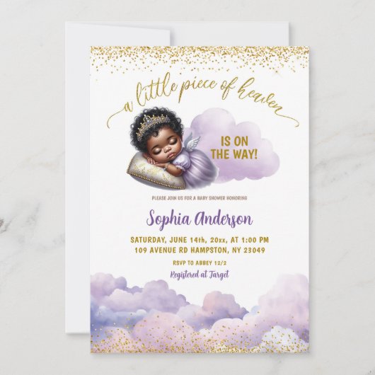 African Afro Girl Lila Little Angel Baby Dusche Einladung (Vorderseite)