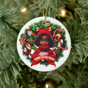African AMerican Baby Girl Christmas HMarchmellows Keramik Ornament