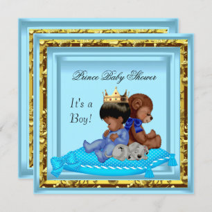 African American Baby Shower Blue Gold Boy Prince Einladung