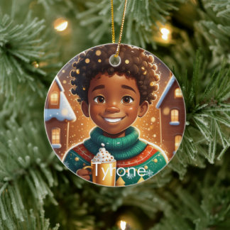 African AMerican Boy Christmas Joyful Keramik Ornament