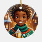 African AMerican Boy Christmas Joyful Keramik Ornament (Vorne)
