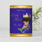 African American Prince Baby Shower Blue Gold Boy Einladung (Stehend Vorderseite)