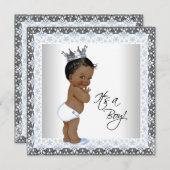 African American Prince Baby Shower Blue und Grau Einladung (Vorne/Hinten)