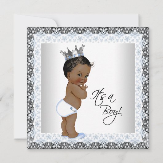 African American Prince Baby Shower Blue und Grau Einladung (Vorderseite)