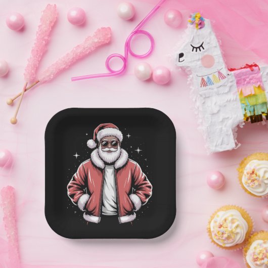 African American Santa Christmas Pajama Cool Black Pappteller (Party)