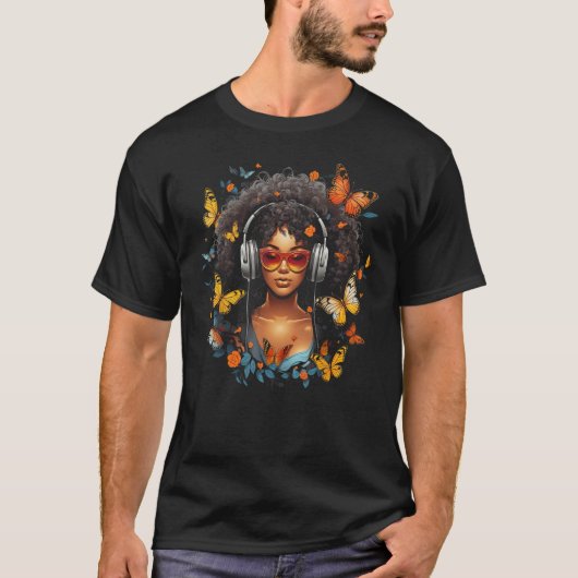 African American Woman Black Girl With Headphones  T-Shirt (Vorderseite)