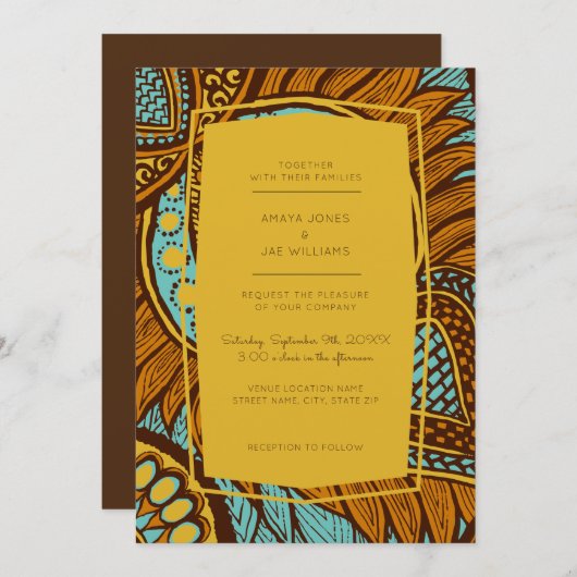 African Ankara Aquamarin Floral Wedding Einladung (Vorne/Hinten)