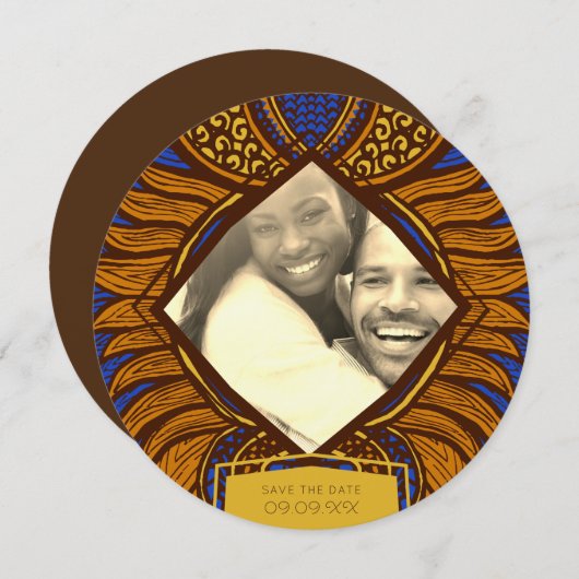 African Ankara Blue Gold Floral Save the Date (Vorne/Hinten)